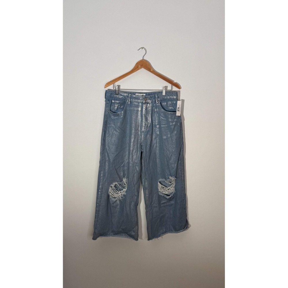 Fashionova Wide Leg Jeans‎ Women Size 13 Silver Metallic Distressed Cropped